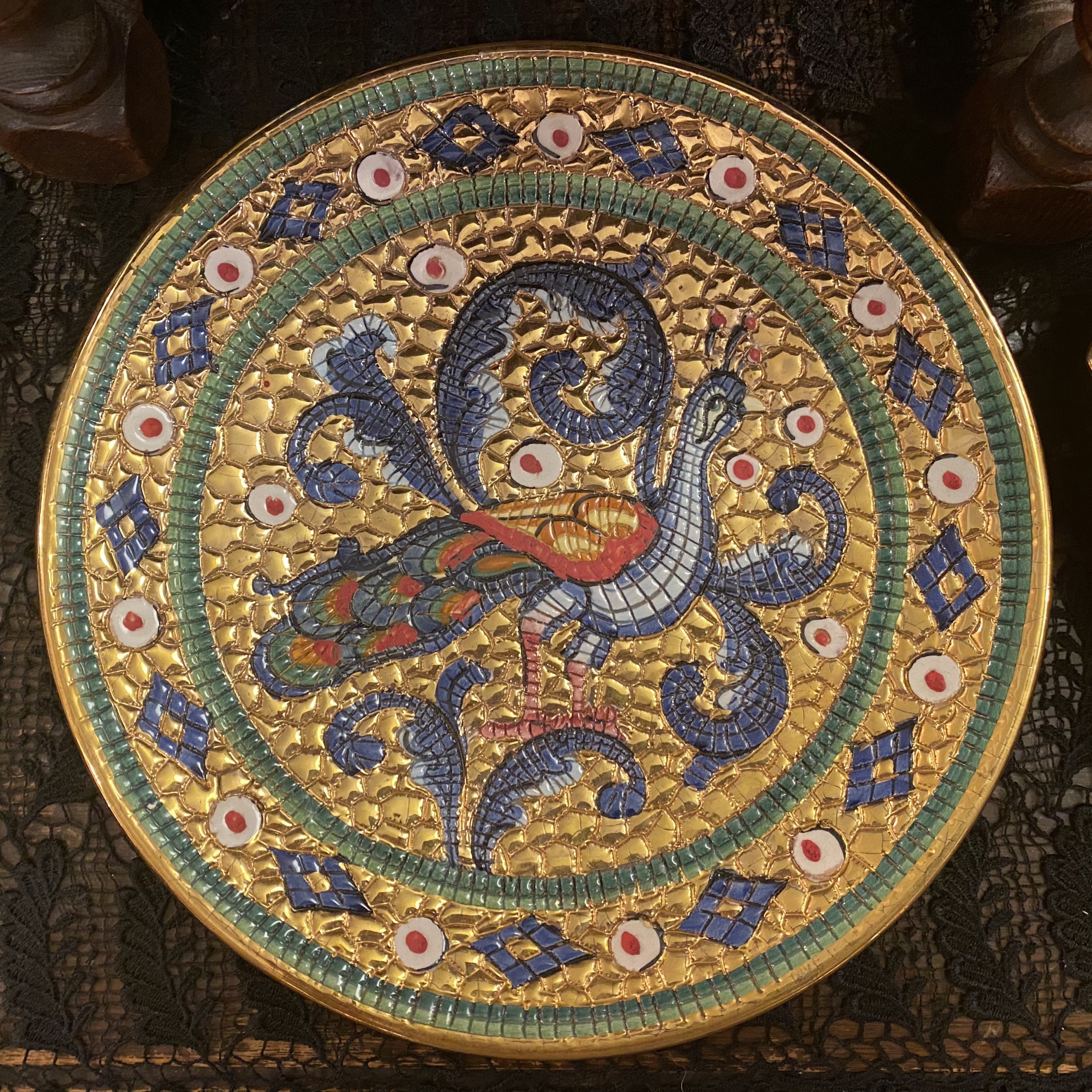 Yuta☆管347☆イタリア製☆アンティーク☆ゴブラン織☆超大型☆絵画 Lavorato A Mano In Oro Zecchino Deruta 飾り皿 くじゃくモザイク