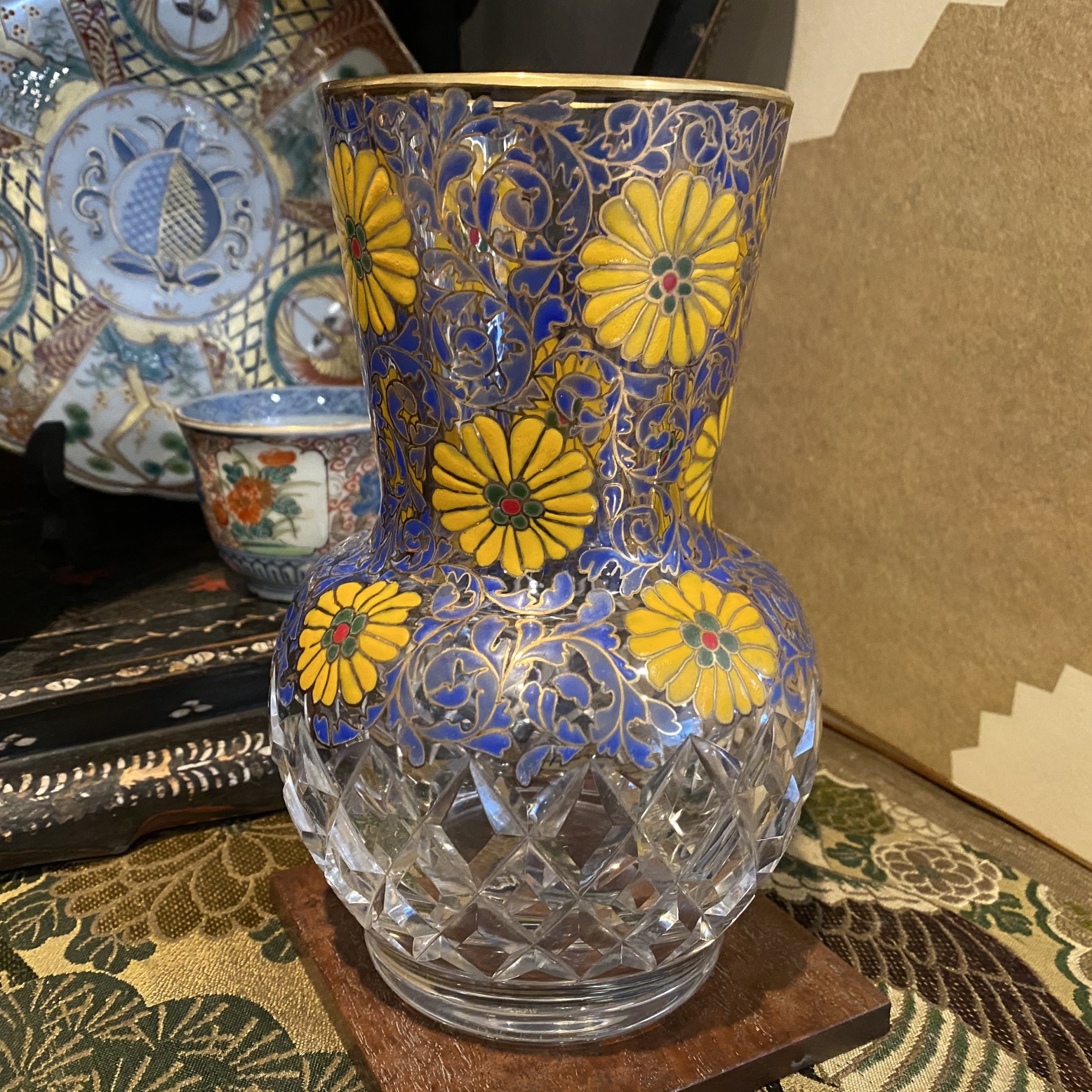 雨宮ガラス 黄花・青・切子 花瓶 | Antique Nanae