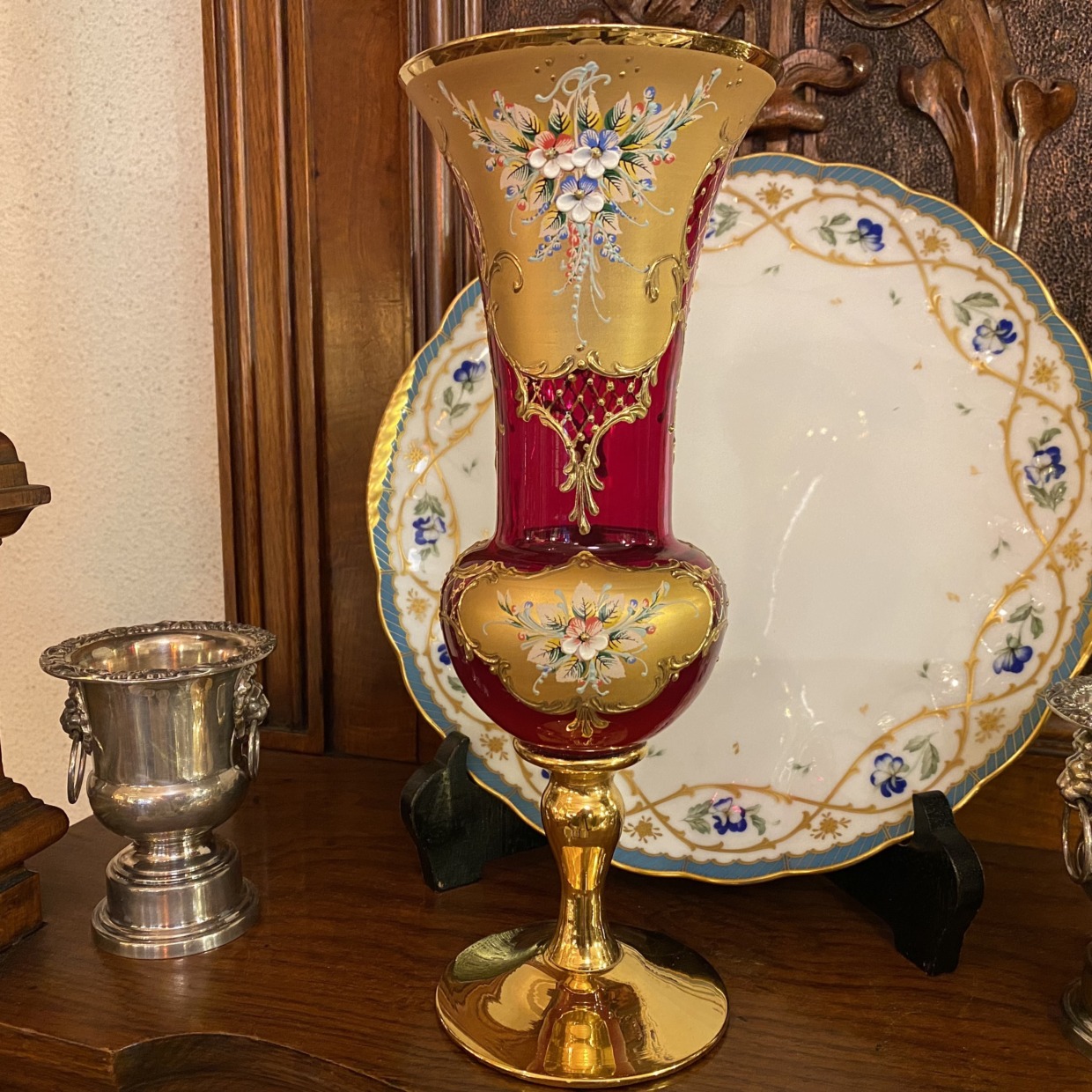 Venetian Glass　赤　小花　花瓶　イタリア製