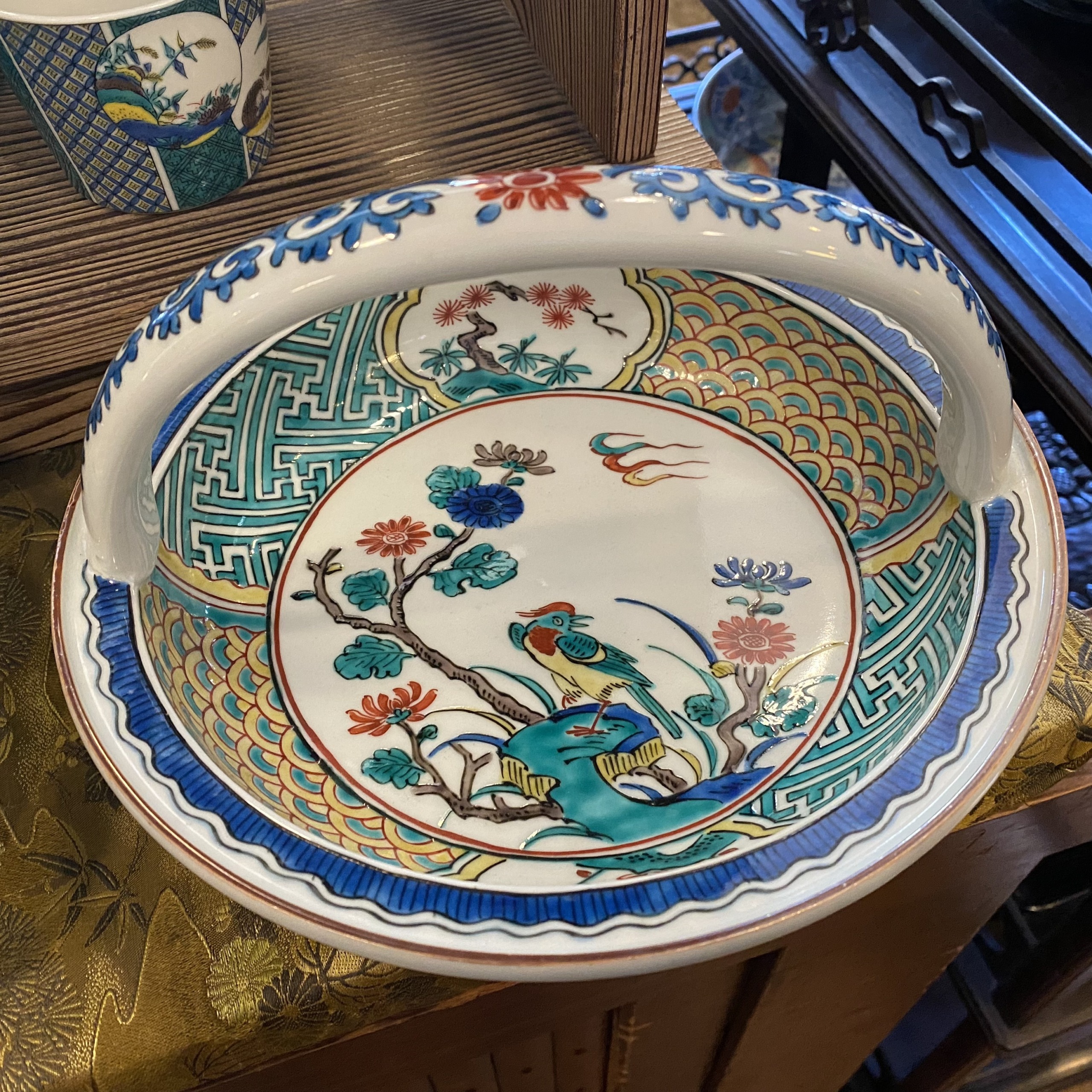 九谷焼 取手付き7寸皿 鳥柄 昭和中期 | Antique Nanae