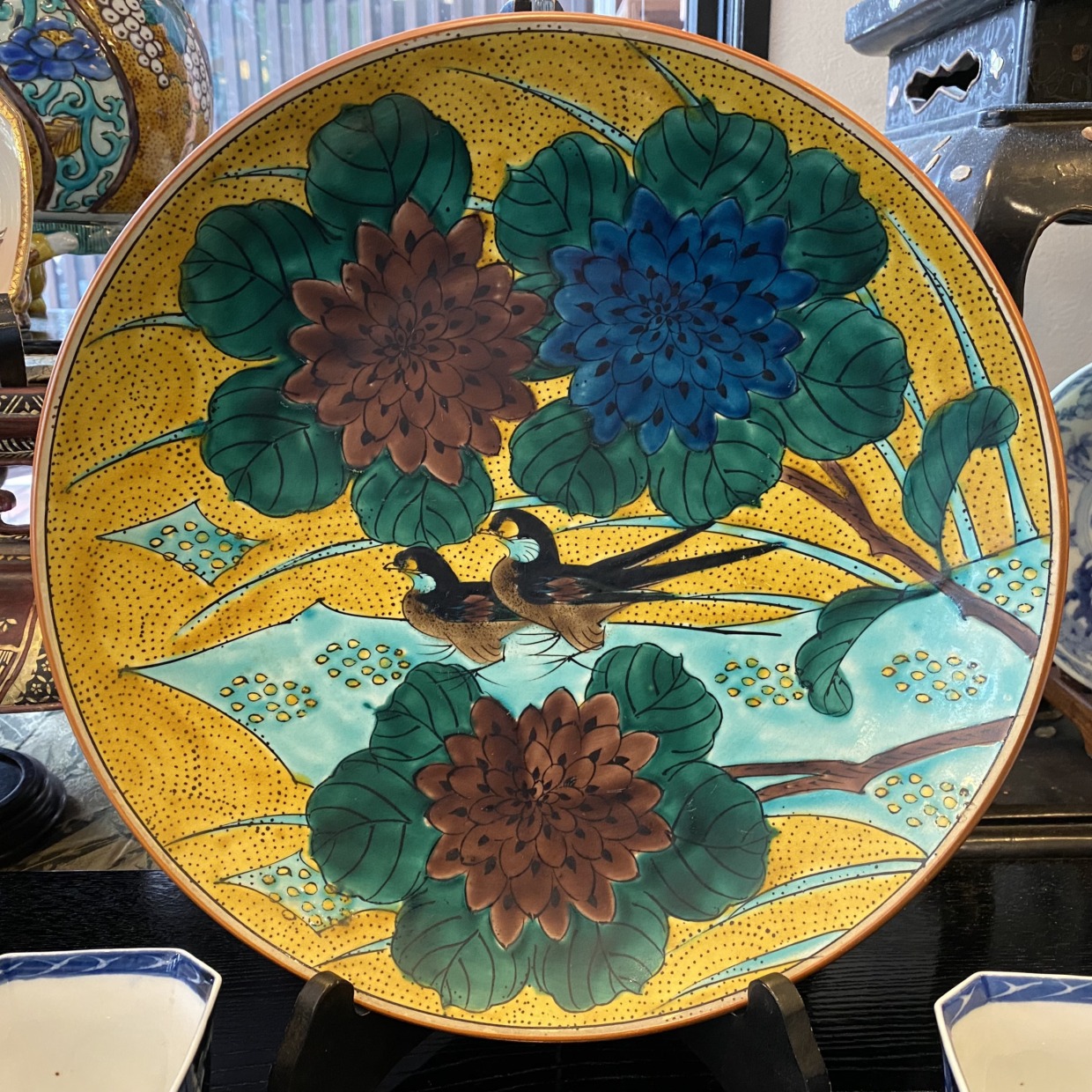 九谷焼　青手　絵皿　鳥と花模様　昭和中期