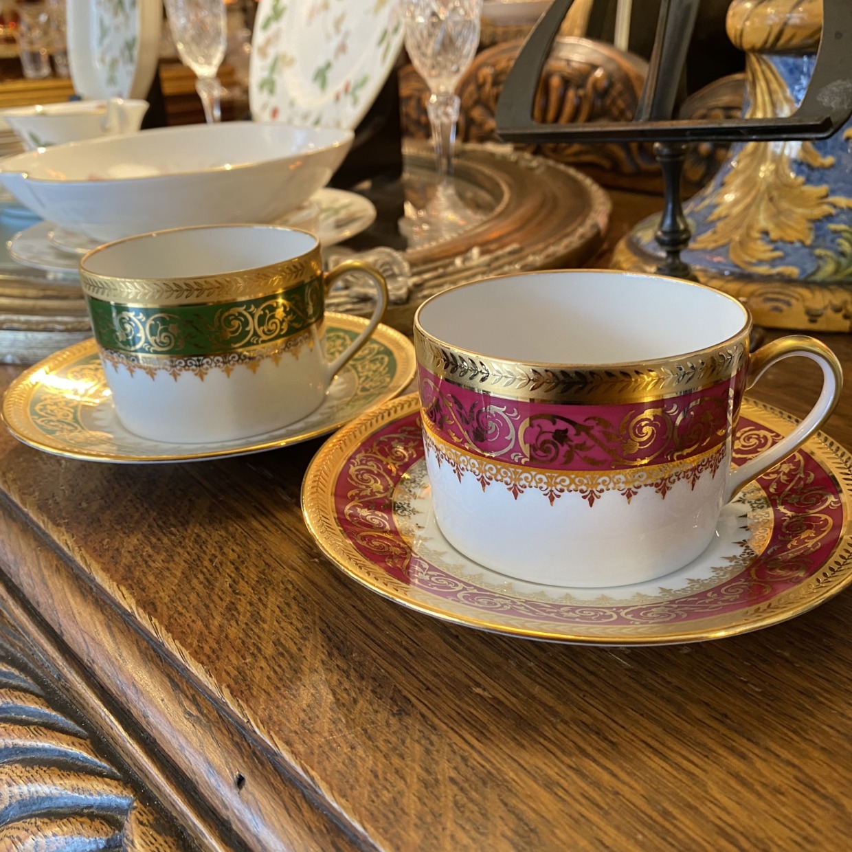 Limoges　ローズ、グリーン　コーヒーカップソーサー　ペアセット