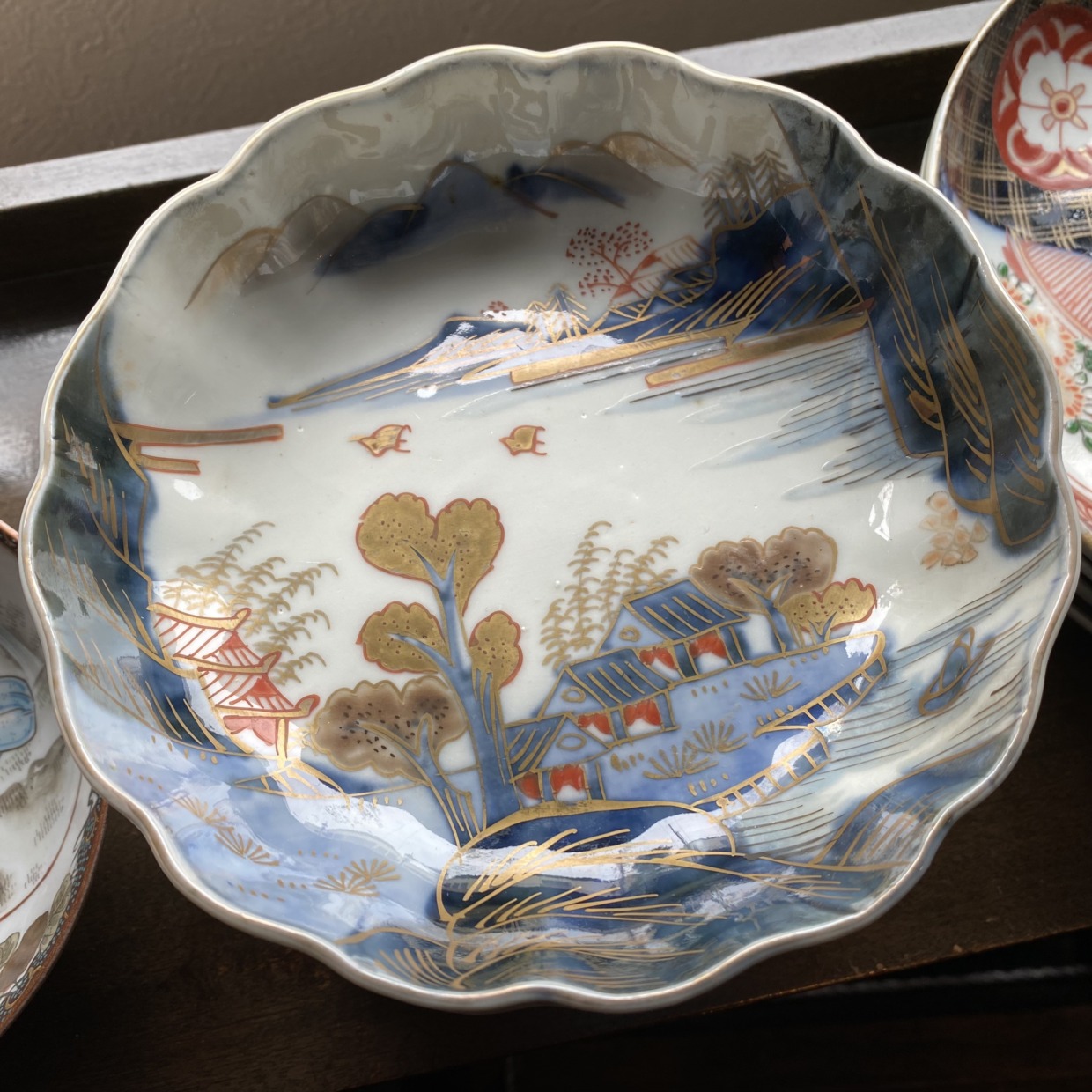 伊万里焼　なます皿　染付金襴手　風景画　明治中期