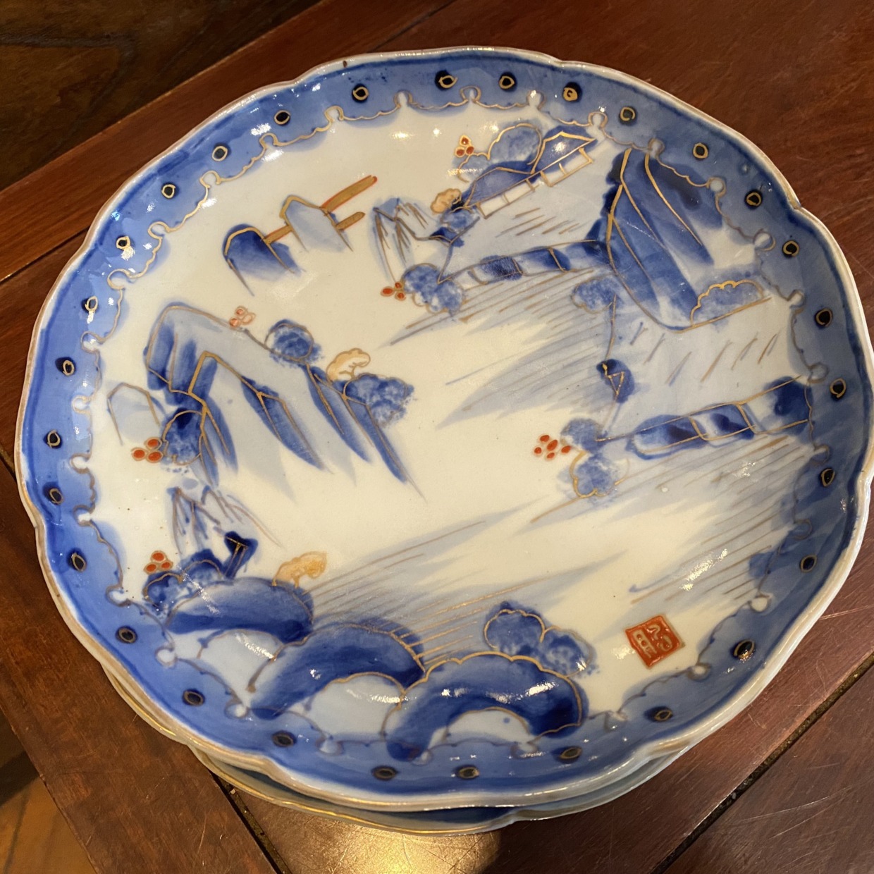 伊万里焼　7寸皿　染付金襴手　風景画　明治時代